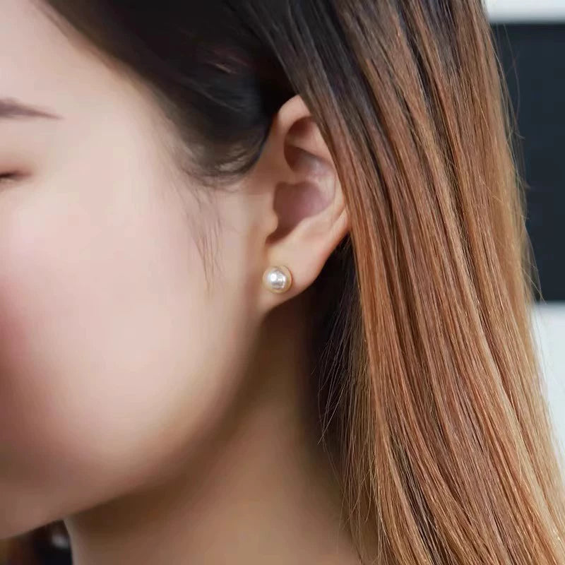 Japanese natural seawater pearls, quality 18K gold queen stud earrings, champagne gold basic earrings Aurora round