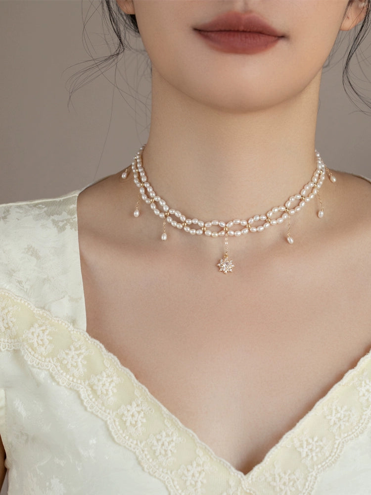 Freshwater Pearl Necklace Girls High Quality Hand-woven Millet Beads Versatile Double-layer Tassel