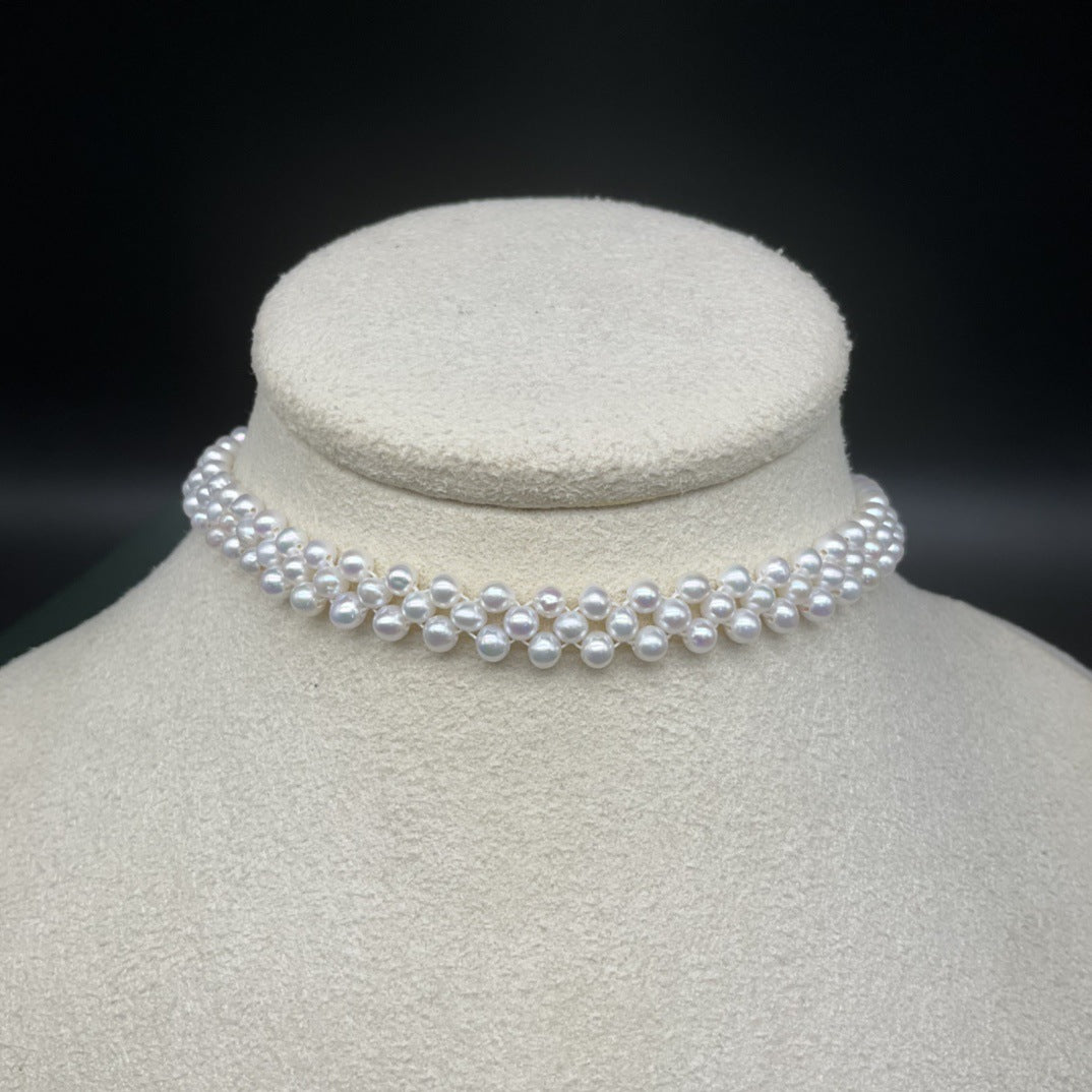 3-4Mm freshwater millet bead braided chain hand-woven three-row positive circle strong light collarbone chain factory direct sales