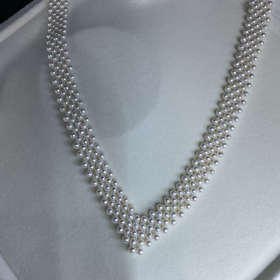 Freshwater pearl 3-4mm multi-layer collarbone pearl chain necklace handmade woven chain factory direct sales simple and advanced
