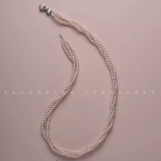 Pearl Necklace Baby Pearl Three Circles Twined Twist Chain Small Pearl Necklace 925 Silver