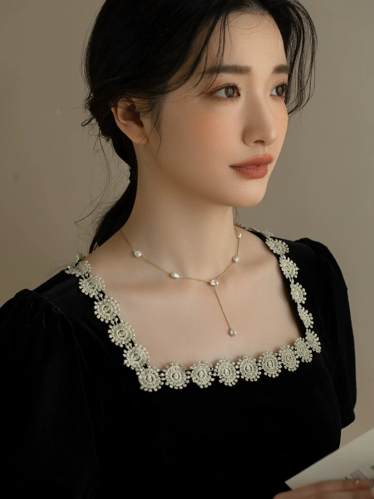 Pearl Necklace Vintage Y-Shaped Chain Handmade Baroque Shredded Silver Pearl Necklace