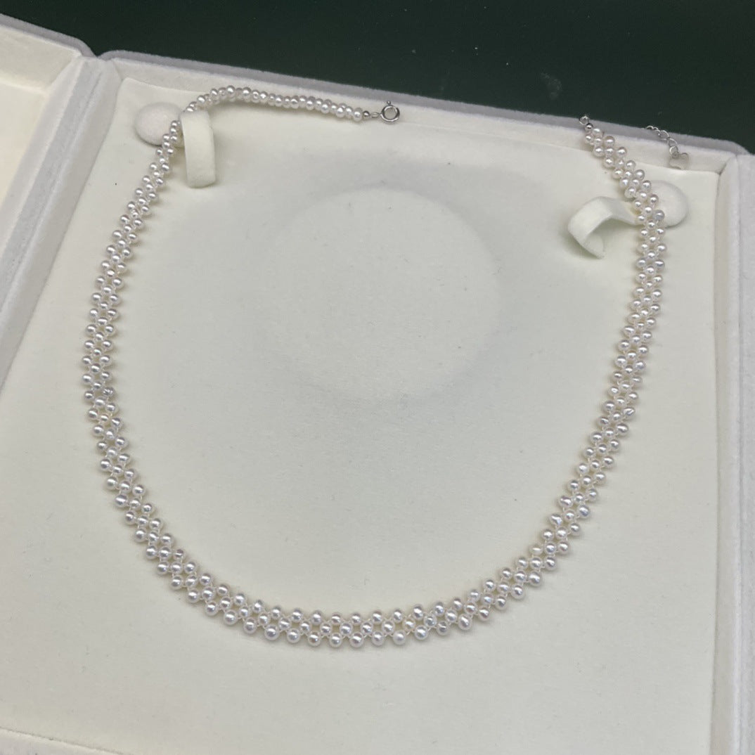 3-4Mm freshwater millet bead braided chain hand-woven three-row positive circle strong light collarbone chain factory direct sales