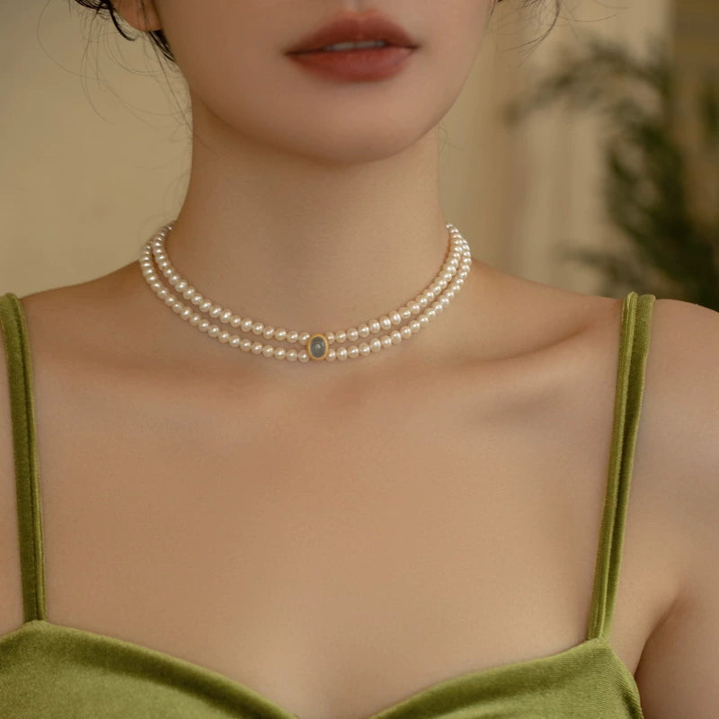 Freshwater Pearl Necklace Double Vintage Design Choker Chain Girl