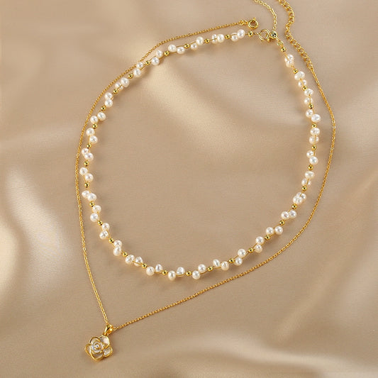 Double Stacked Wear Woven Premium Pearl Necklace Ladies Delicate Design Camellia Pendant