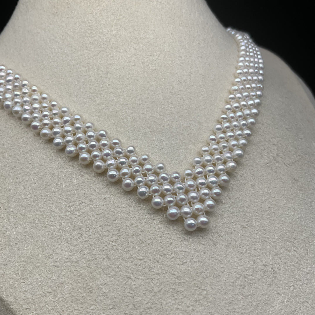Freshwater pearl 3-4mm multi-layer collarbone pearl chain necklace handmade woven chain factory direct sales simple and advanced