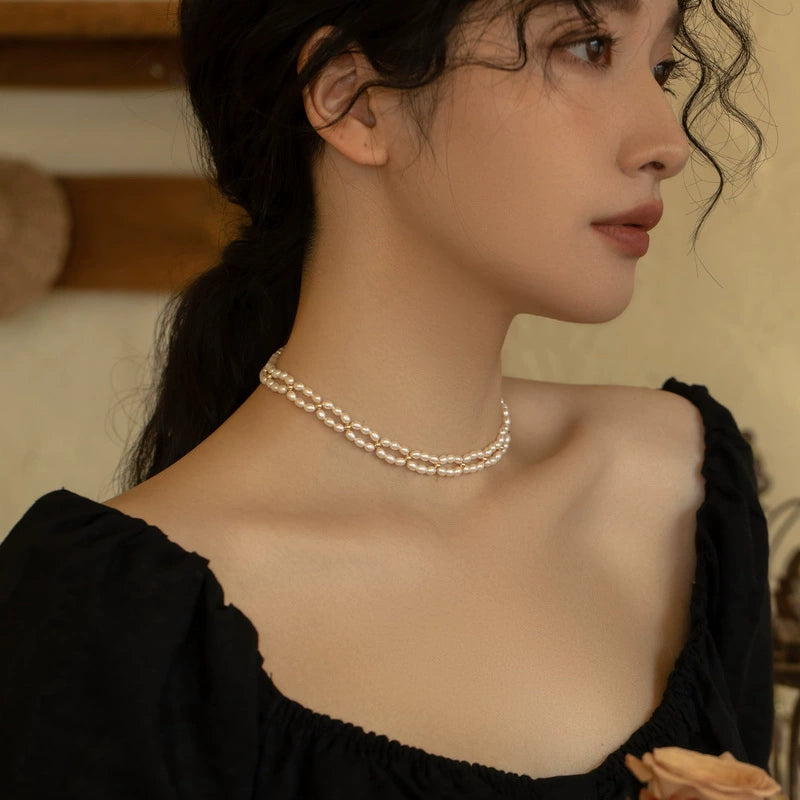 Pearl necklace women's chain woven choker retro premium sense, wedding hollow