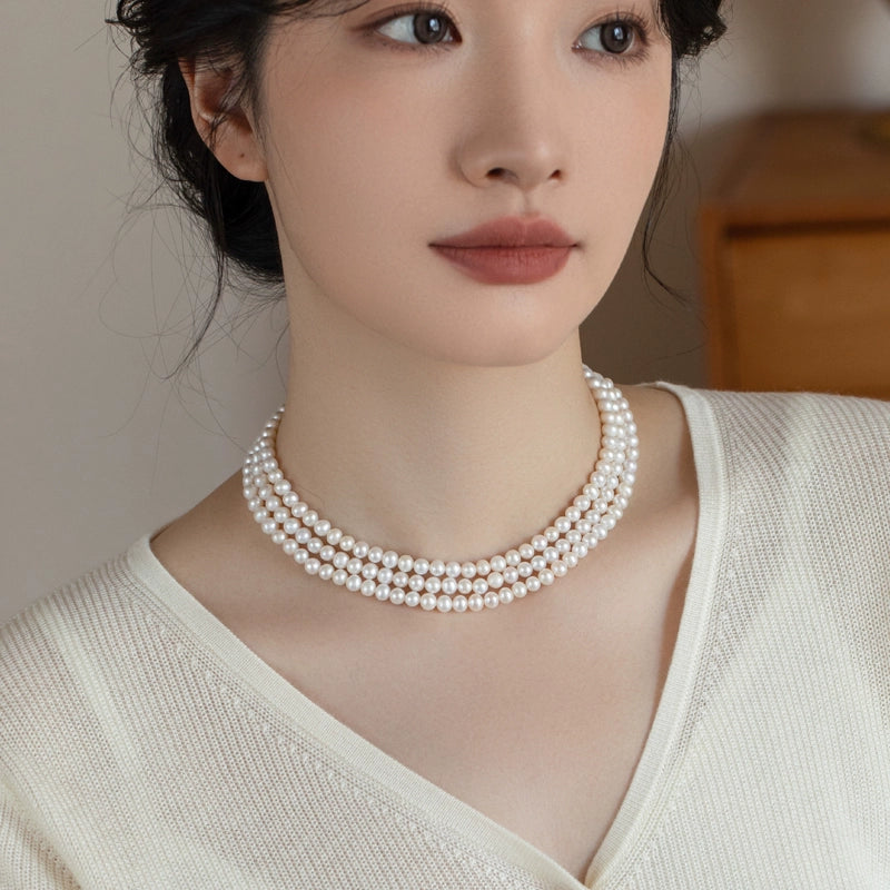 three-layer natural pearl cheongsam necklace multi-layer versatile 925 silver retro