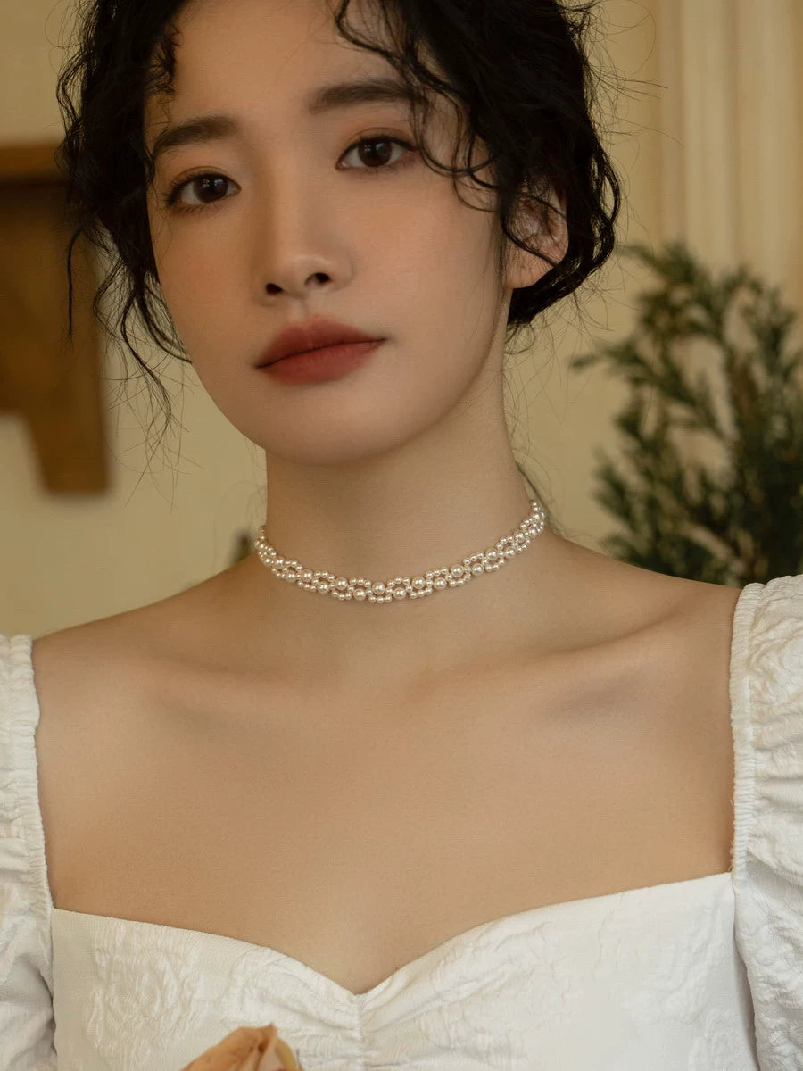 Handwoven Pearl Necklace Chain Choker Girls