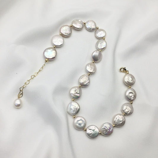 freshwater button flat baroque necklace bracelet stud earrings three-piece set