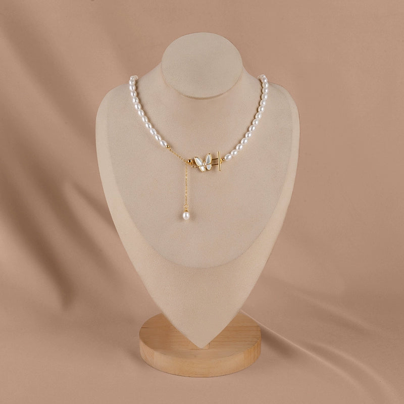 Natural freshwater pearl necklace bow buckle rice beads ins fringed temperament collarbone chain XL062