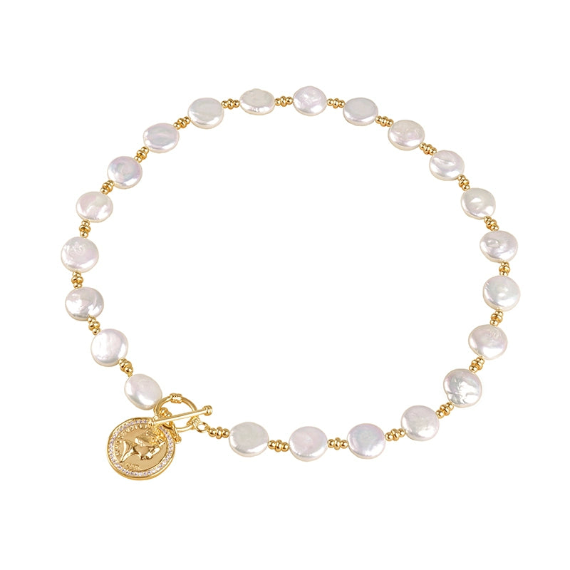 Natural Baroque Pearl Necklace Round Brand Coin Short Pendant European and American Sweater Chain Women's XL003