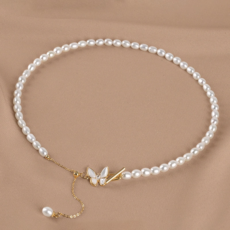 Natural freshwater pearl necklace bow buckle rice beads ins fringed temperament collarbone chain XL062