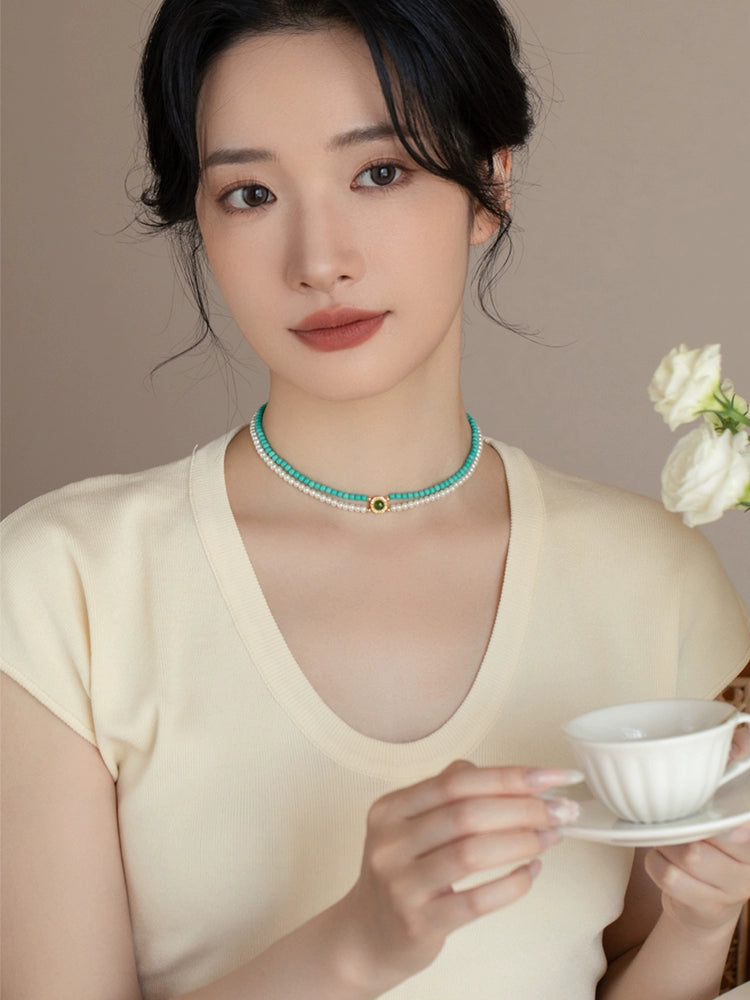 Double Stacked Pearl Necklace 2024 New 925 Silver Artificial Turquoise