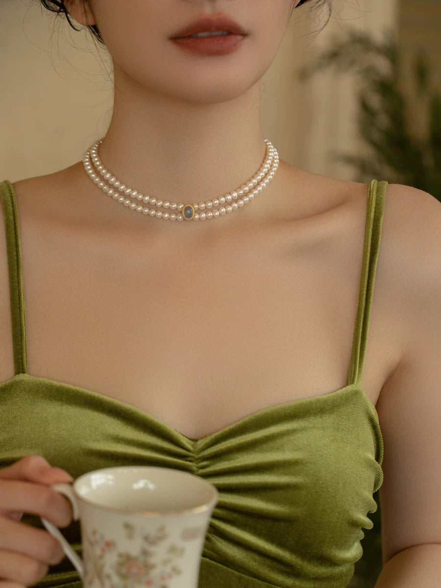 Freshwater Pearl Necklace Double Vintage Design Choker Chain Girl