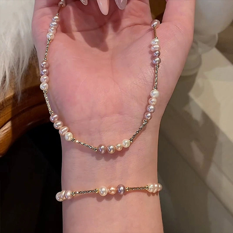 Natural Pearl Necklace Bracelet Set Delicate Pink Pearl Splicing Premium Bracelet