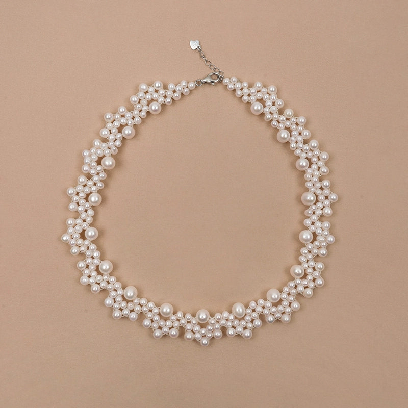 Natural pearl necklace handwoven round beads Internet celebrity lace style petal collarbone chain XL024