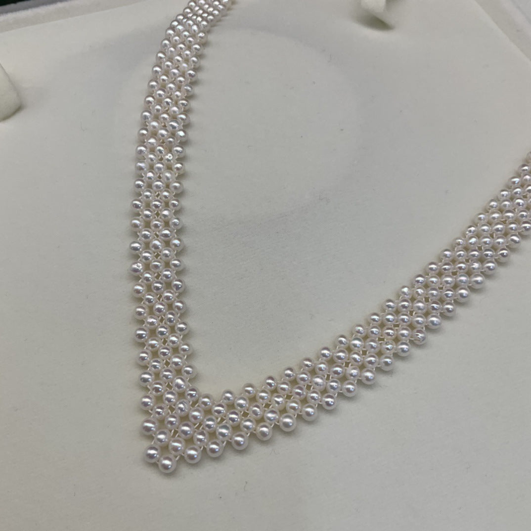 Freshwater pearl 3-4mm multi-layer collarbone pearl chain necklace handmade woven chain factory direct sales simple and advanced