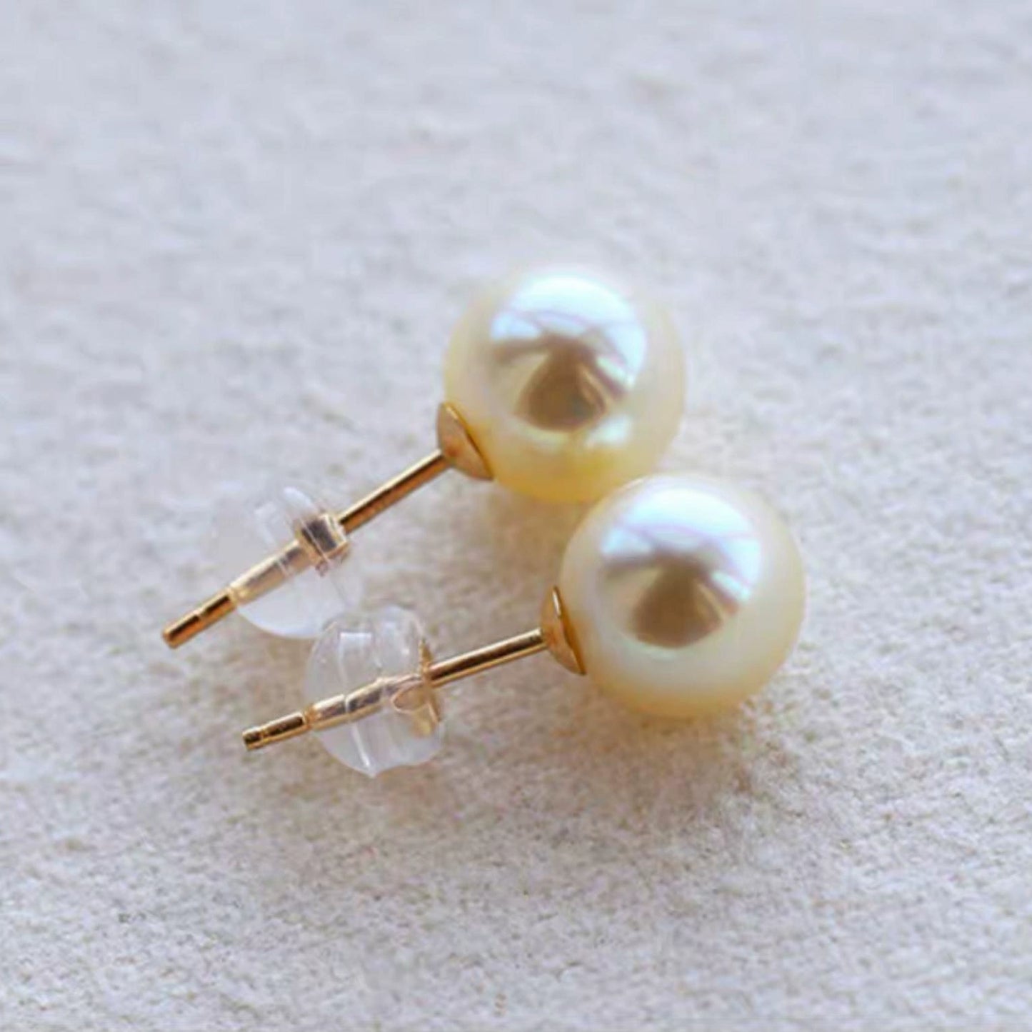 Japanese natural seawater pearls, quality 18K gold queen stud earrings, champagne gold basic earrings Aurora round