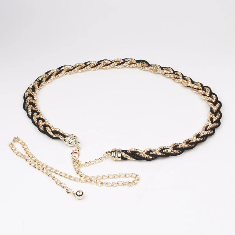 Korean version of fashion sweet little pearl weave women's dress accessories waist chain elegant metal decoration strap summer