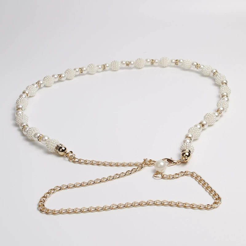 Korean version of fashion sweet little pearl weave women's dress accessories waist chain elegant metal decoration strap summer