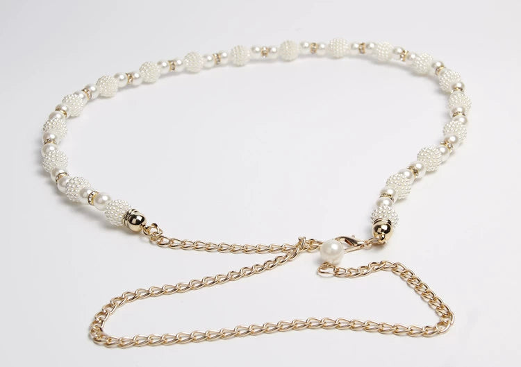 Korean version of fashion sweet little pearl weave women's dress accessories waist chain elegant metal decoration strap summer
