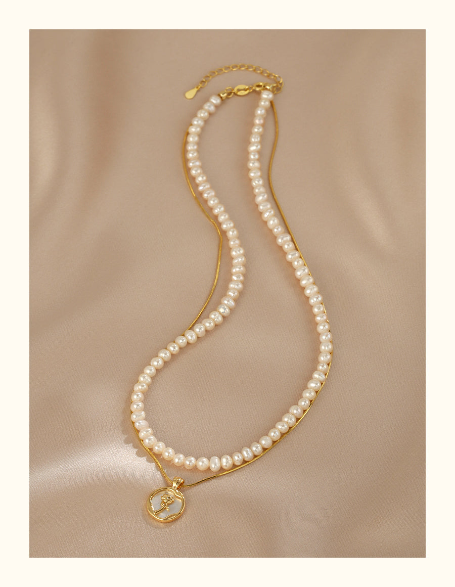 Double stacked natural freshwater pearl necklace female niche design rose pendant neck chain