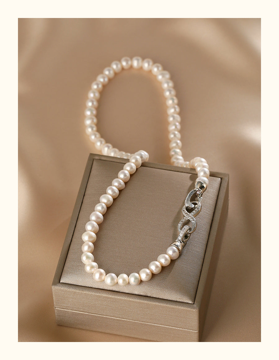 Natural freshwater pearl necklace women's 8-character buckle sweater chain