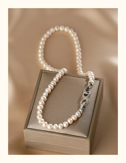 Natural freshwater pearl necklace women's 8-character buckle sweater chain