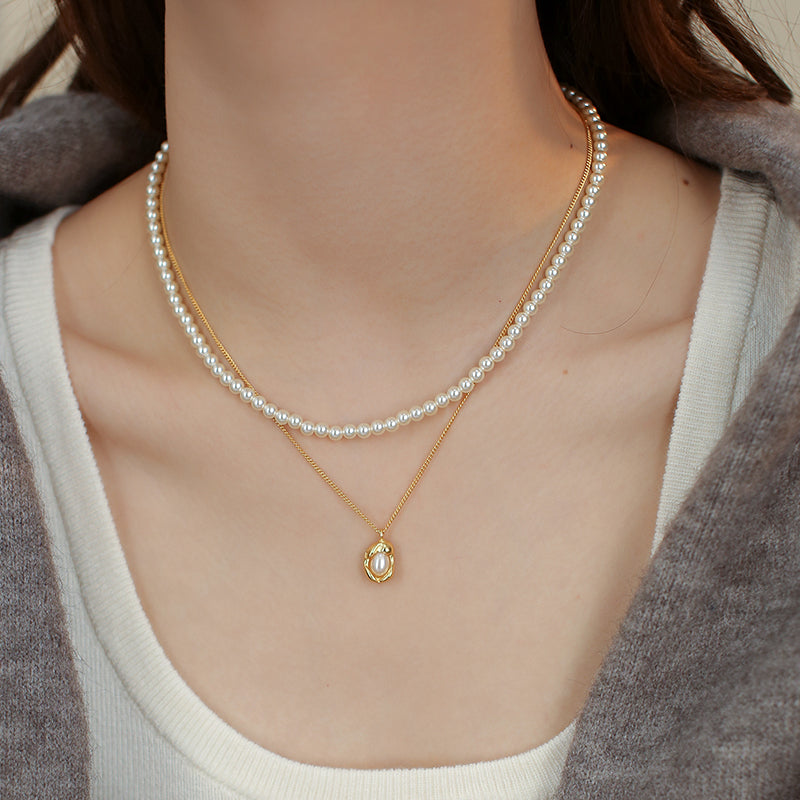 Double-layer stacked  round pearl necklace women's simple fashion S925 sterling silver