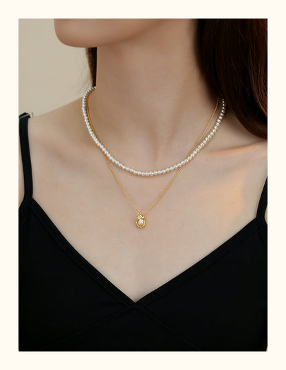 Double-layer stacked  round pearl necklace women's simple fashion S925 sterling silver