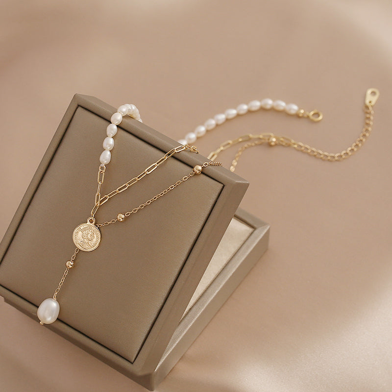 Natural Freshwater Pearl Necklace Double Layer Stacked Chain
