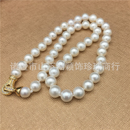 Freshwater pearl necklace 8-9.5 mm mother chain full bead necklace nearly round strong light micro-flaw