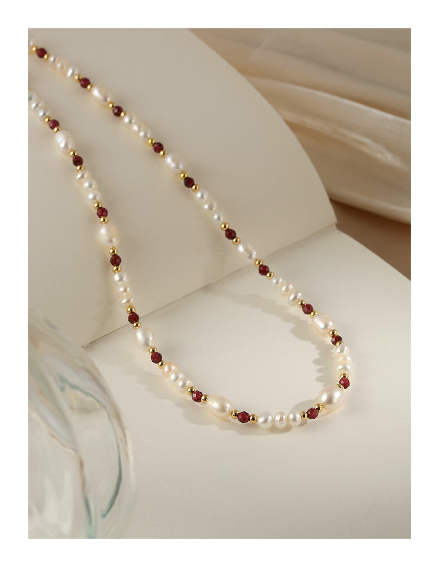 Natural pearl bracelet necklace set female French garnet jewelry collarbone chain