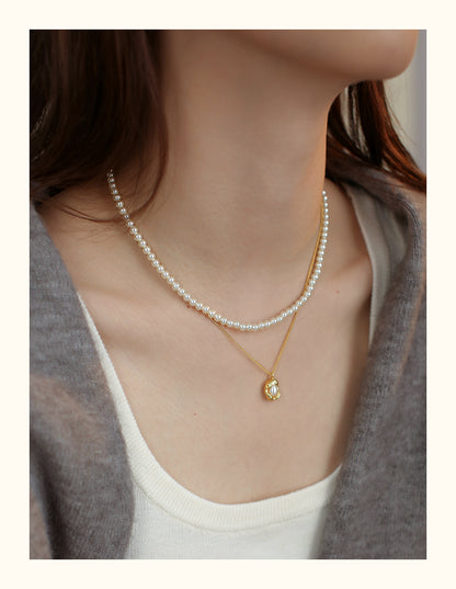 Double-layer stacked  round pearl necklace women's simple fashion S925 sterling silver