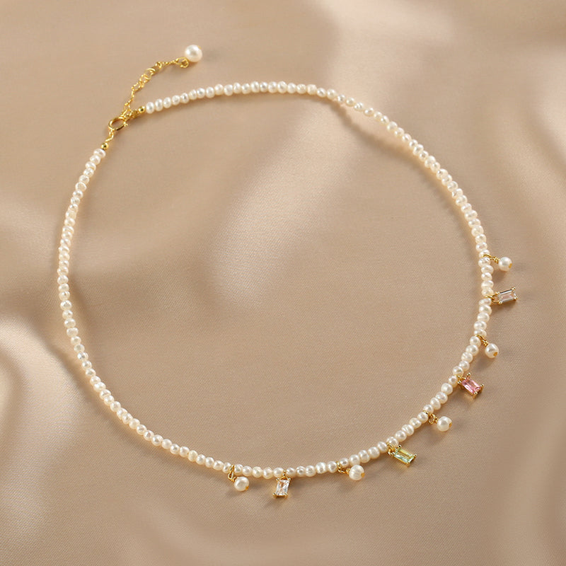 sweet natural pearl necklace small pearl colored crystal  chain