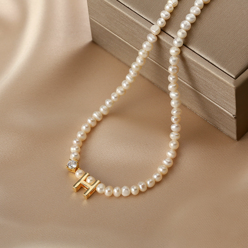 Natural pearl necklace women's letter pendant chain