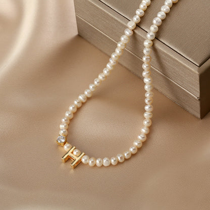 Natural pearl necklace women's letter pendant chain