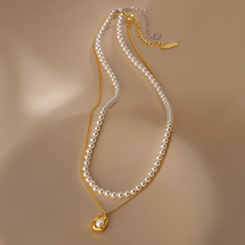 Double-layer stacked  round pearl necklace women's simple fashion S925 sterling silver
