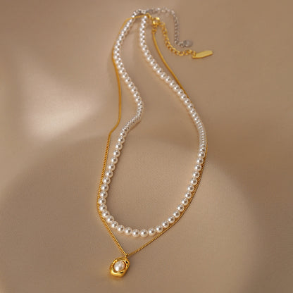 Double-layer stacked  round pearl necklace women's simple fashion S925 sterling silver