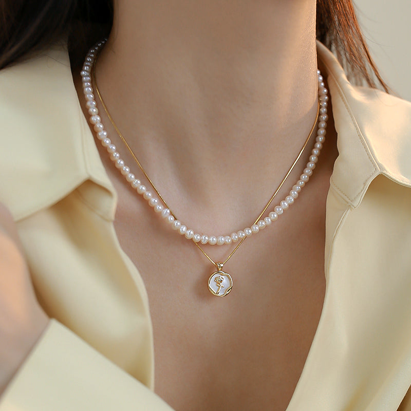 Double stacked natural freshwater pearl necklace female niche design rose pendant neck chain