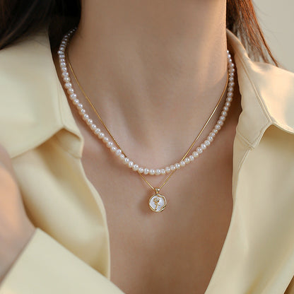 Double stacked natural freshwater pearl necklace female niche design rose pendant neck chain