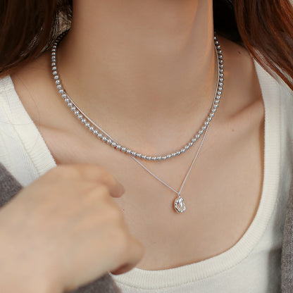Double-layer stacked  round pearl necklace women's simple fashion S925 sterling silver