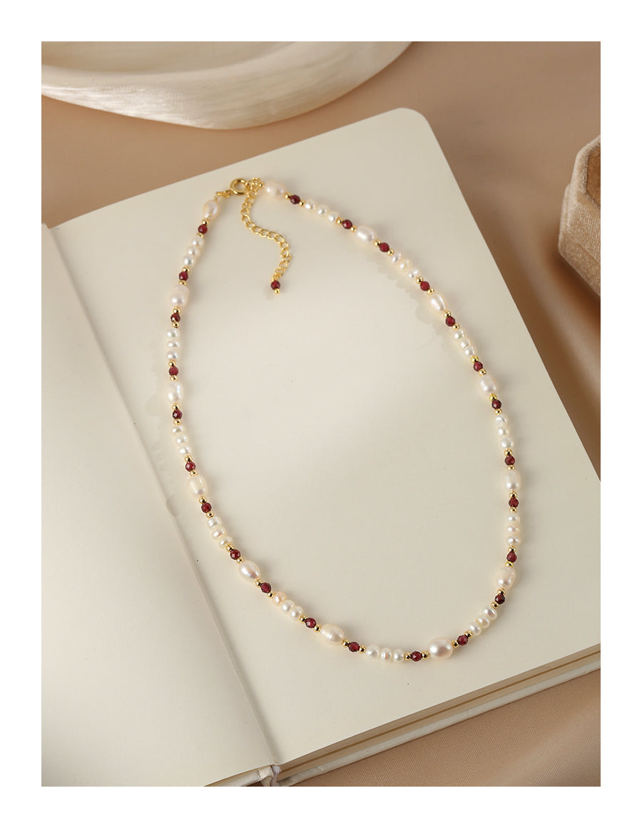 Natural pearl bracelet necklace set female French garnet jewelry collarbone chain
