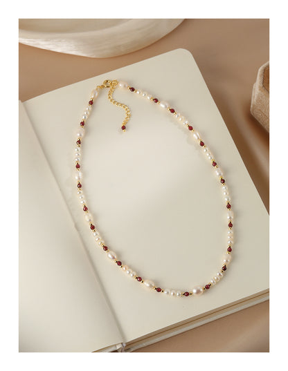 Natural pearl bracelet necklace set female French garnet jewelry collarbone chain