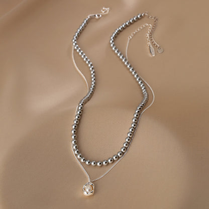 Double-layer stacked  round pearl necklace women's simple fashion S925 sterling silver