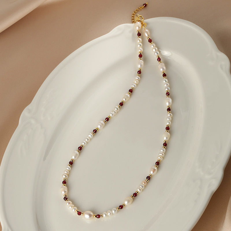 Natural pearl bracelet necklace set female French garnet jewelry collarbone chain