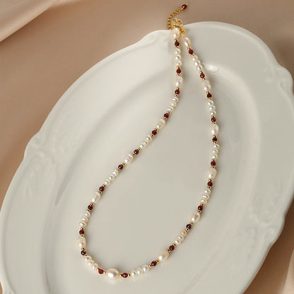 Natural pearl bracelet necklace set female French garnet jewelry collarbone chain