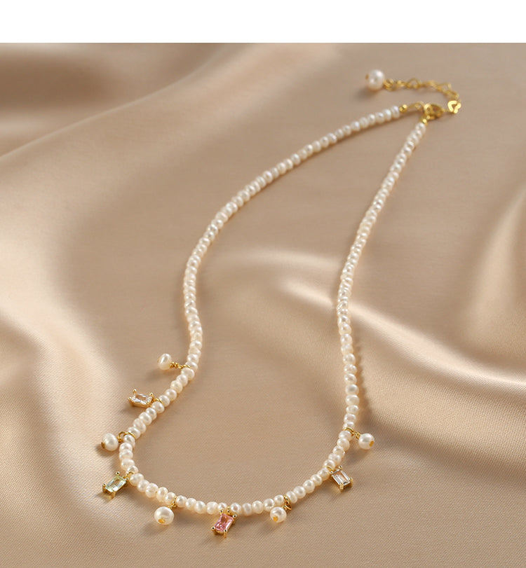 sweet natural pearl necklace small pearl colored crystal  chain