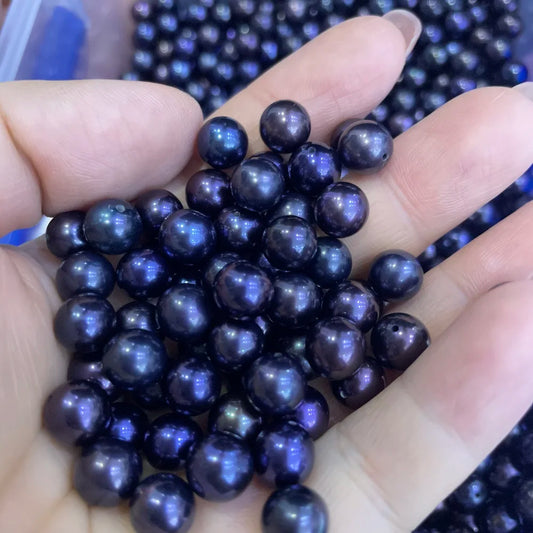 Wholesale Price Natural Freshwater Pearls 4A 7-7.5mm Half Hole Black Round Pearl Loose Beads Jewelry